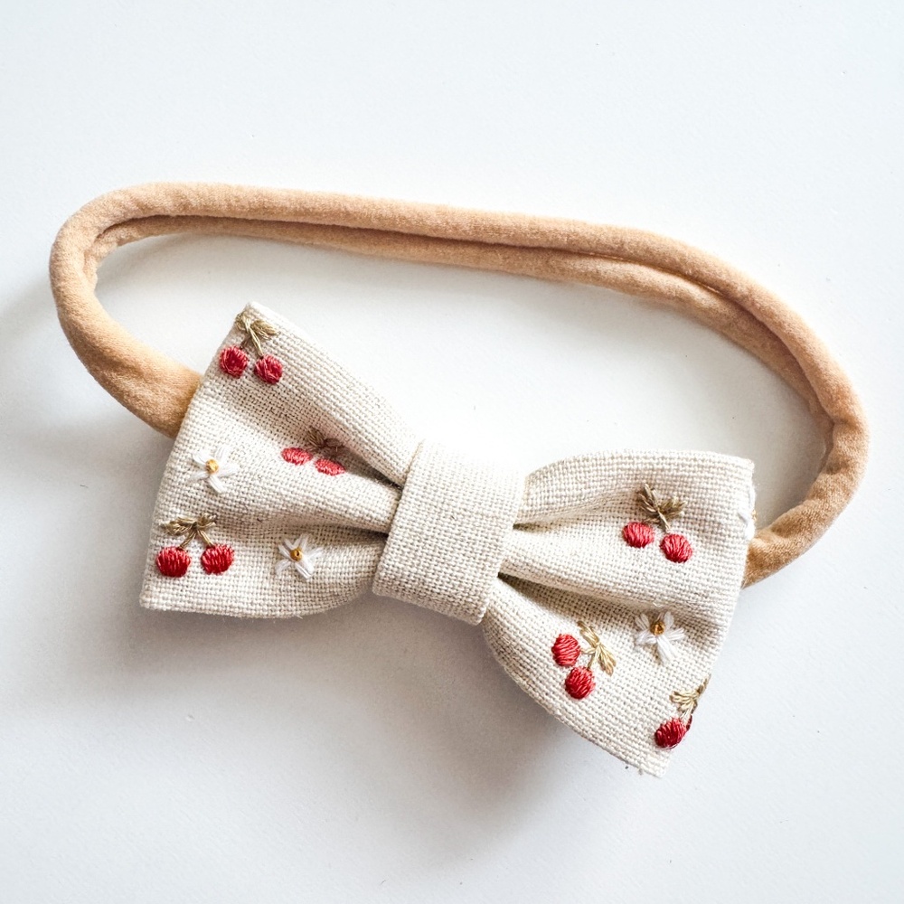 Embroidered Cherry Hair Bow Headband for Babies, Minimalist, Neutral, New